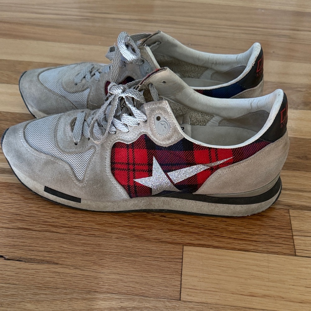 Golden Goose Gray and Red Plaid Sneakers